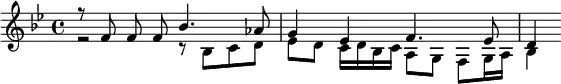 { \relative f' { \key bes \major \time 4/4
<< { r8 f f\noBeam f bes4. aes8 | g4 ees f4. ees8 | d4 } \\
   { r2 r8 bes c d | ees d c16 d bes c a8 g f g16 a | bes4 } >> } }