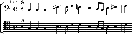 \new ChoirStaff << \override Score.Rest #'style = #'classical
\new Staff \relative c { \clef bass \key c \major \time 2/2 \mark \markup \tiny { (\italic "c") }
r4^\markup \bold "S" c c c | fis4. fis8 g4 f |
e d8 c e4 fis | g }
\new Staff \relative g { \clef tenor \key c \major
r4^\markup \bold "A" g g g | b4. b8 c4 c |
b a8 g a4 b | c } >>