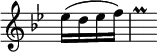 { \override Score.TimeSignature #'stencil = ##f \time 1/4 \key bes \major \relative e'' { ees16( d ees f) | s8-\tweak #'X-offset #0 -\tweak #'Y-offset #2.5 -\prall } }