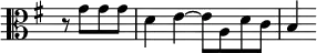 \relative g' { \clef alto \key g \major \time 2/2 \partial 2 \override Score.TimeSignature #'stencil = ##f r8 g g g | d4 e ~ e8 a, d c | b4 }