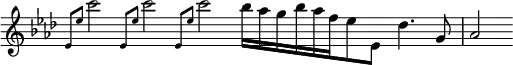 { \override Score.TimeSignature #'stencil = ##f \key aes \major \relative e' { \cadenzaOn \repeat unfold 3 { \grace { ees8[ ees'] } c'2 } bes16[ aes g bes aes f ees8 ees,] des'4. g,8 \bar "|" aes2 } }