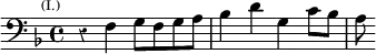 \relative f { \clef bass \key f \major \time 4/4 \override Score.Rest #'style = #'classical \mark \markup \tiny { (I.) } r4 f g8 f g a | bes4 d g, c8 bes | a }