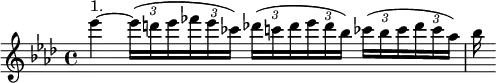 { \key f \minor \time 4/4 \relative e''' { \tupletUp \override TupletBracket.bracket-visibility = ##f ees4^"1." ~ \tuplet 3/2 8 { ees16[( d ees fes ees ces]) des[( c des ees des bes]) ces[( bes ces des ces aes]) } | bes16 } }