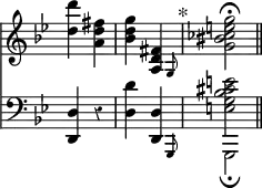 { \override Score.Rest #'style = #'classical \override Score.TimeSignature #'stencil = ##f \time 2/4 \key g \minor << \relative d'' { <d d'>4 <a d fis> | <bes d g> \afterGrace <fis d a>4 g,8 \mark "*" | <g' bis ces e g>2\fermata \bar "||" }
\new Staff { \clef bass \key g \minor \relative d { <d d,>4 r <d d'> << { \afterGrace <d d,>4 g,,8 ~ | \stemDown g2_\fermata } \\ { s4 <e'' g bes cis e>2 } >> } } >> }