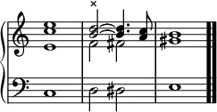 \new PianoStaff << \new Staff \relative { \time 4/4 \override Score.TimeSignature #'stencil = ##f <e' c' e>1 << { <b' d>2^"×" ~ <b d>4. <a c>8 } \\ { f2 fis } >> <gis b>1 \bar ".." } \new Staff { \clef bass c d2 dis e1 } >>