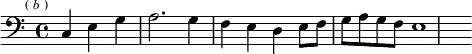 { \clef bass \key c \major \time 4/4 \partial 2. \mark \markup \tiny { ( \italic b ) } c4 e g | a2. g4 | f e d e8 f | g a g f | e1 }