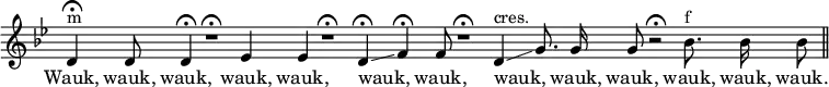 { \override Score.TimeSignature #'stencil = ##f \key bes \major \relative d' { \cadenzaOn d4\fermata^"m" d8 d4\fermata r1\fermata ees4 ees r1\fermata d4\fermata\glissando f\fermata f8 r1\fermata d4^"cres."\glissando g8. g16 g8 r2\fermata bes8.^"f" bes16 bes8 \bar "||" }
\addlyrics { Wauk, wauk, wauk, wauk, wauk, wauk, _ wauk, wauk, _ wauk, wauk, wauk, wauk, wauk. } }
