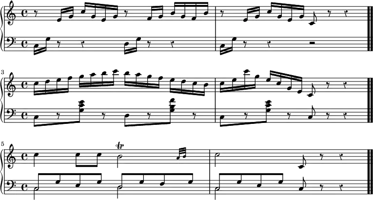 \new PianoStaff << \new Staff \relative { \time 4/4 \override Staff.Rest.style = #'classical r8 e'16 g c g e g r8 f16 g b g f b r8 e,16 g c g e g c,8 r r4 \bar ".." \break \once \override Score.TimeSignature.break-visibility = ##(#f #t #t) \time 4/4 c'16 d e f g a b c b a g f e d c b c e c' g e c g e c8 r r4 \bar ".." \break \once \override Score.TimeSignature.break-visibility = ##(#f #t #t) \time 4/4 c' c8 c \afterGrace b2 \trill { a32 b } c2 c,8 r r4 \bar ".." } \new Staff \relative { \clef bass \override Staff.Rest.style = #'classical c16 g' r8 r4 d16 g r8 r4 c,16 g' r8 r4 r2 c,8[r <g' c e>] r d[r <g b f'>] r c,[r <g' c e>] r c, r r4 << { \once \override NoteHead #'duration-log = 1 c8 g' e g \once \override NoteHead #'duration-log = 1 d g f g \once \override NoteHead #'duration-log = 1 c, g' e g } \\ { c,2 d c } >> c8 r r4 } >>