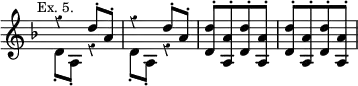 { \relative d'' { \override Score.TimeSignature #'stencil = ##f \time 2/4 \override Score.Rest #'style = #'classical \mark \markup \small "Ex. 5." \key d \minor
 << { r4 d8-. a-. | r4 d8-. a-. |
      \repeat unfold 2 { <d d,>8-.[ <a a,>-. <d d,>-. <a a,>-.] } } \\
    { d,-. a-. r4 | d8-. a-. r4 } >> } }