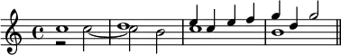 { \time 4/4 \relative c'' << { c1 d e4 c e f g d g2 \bar "||" } \\ { r2 c,2 ~ c b c1 b } >> }