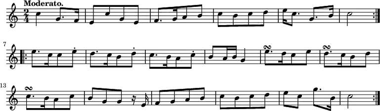 { \relative c'' { \time 2/4 \key c \major \tempo "Moderato."
\repeat volta 2 {
  c4 g8. f16 | e8[ c' g e] | f8.[ g16 a8 b] | c[ b c d] | %eol1
  e16 c8. g8. b16 | c2 }
\repeat volta 2 {
  e8.[ c16 c8 e-.] | d8.[ c16 b8 d-.] | c8.[ b16 a8 c-.] | %eol2
  b8 a16 b g4 | e'8.[\turn d16 c8 e] | d8.[\turn c16 b8 d] |
  c8.[\turn b16 a8 c] | b8[ g g] r16 e | %end line 3
  f8[ g a b] | c[ b c d] | e c g'8. b,16 | c2 } } }