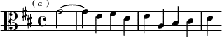 \relative g' { \clef alto \key d \major \time 4/4 \partial 2 \mark \markup \tiny { ( \italic a ) } g2 ~ | g4 e fis d | e a, b cis | d }