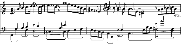 { << \new Staff << \override Score.BarNumber #'break-visibility = #'#(#f #f #f) \override Score.Rest #'style = #'classical \override Score.TimeSignature #'stencil = ##f \time 6/4
 \new Voice \relative a' { \stemUp
  <a f c>4. a8 b4 s2. |
  << { e2. } \\ { \hideNotes e2 b4^\turn } >> s2. | %end line 1
  gis4 \grace fis8 e4 c'4. b8 b4. a8 | a2. s }
 \new Voice \relative c'' { \stemDown
  s2 s4 c8. d16 d4.\prall c16 d |
  e8 c ~ <c g>2 f8[ e d c b a] |
  s2 \set tieWaitForNote = ##t \grace { a16 ~ b } a4. b8 gis4. a8 |
  a8 e ~ <e cis>2 r8 g[ a bes c! a_"etc."] } >>
\new Staff << \clef bass
 \new Voice \relative f, { \stemUp
  f4 f' g\startGroup a\stopGroup r\startGroup b\stopGroup |
  c,4. g'8 c4 s2. | s1 r4\startGroup e,\stopGroup |
  s4. s r4 a'2 }
 \new Voice \relative f, { \stemDown
  f4\startGroup f'\stopGroup s e d2 |
  c2\startGroup _~ c4\stopGroup d\startGroup e f\stopGroup |
  e8\startGroup d c b\stopGroup a4\startGroup d,\stopGroup e2 |
  a4.\startGroup e'8 a g\stopGroup fis2_\prall\startGroup _~ <fis d>4\stopGroup } >>  >> %need to sort out the analysis brackets better
 }
\layout {
  \context {
    \Voice
    \consists "Horizontal_bracket_engraver"
  }
}
\header { tagline = ##f }