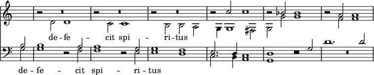 << \override Score.TimeSignature #'stencil = ##f \time 4/2 \new Staff << \new Voice { \partial 2 \relative c'' { \stemUp s2 R\breve*3 | r2 c c1 | r2 bes bes1 | r2 a a1 } }
\new Voice = "alto" { \relative d' { \stemDown s2 r2 d d1 | r2 c c1 | r2 b b a | s4 g4 g1 fis2 | g g' g1 | r2 f f1 } }
>>
\new Lyrics \lyricsto "alto" { de -- fe -- cit spi -- ri -- tus }
\new Staff << \clef bass \new Voice { \stemUp b2 b1 r2 a | a1 r2 g | g1 f | e2. d4 c1 | d r2 g | d'1. d'2 }
\new Voice = "bass" { \stemDown g2 | g1 r2 f | f1 r2 e | e1 d | c2. b,4 a,1 | g, r | R\breve }
>>
\new Lyrics \lyricsto "bass" { de -- fe -- cit spi -- ri -- tus } >>