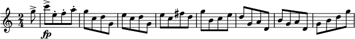 { \time 2/4 \partial 8 \relative g'' { g8-> c->\fp[ e,-. f-. a-.] g[ c, d g,] e'[ c d g,] e'[ c fis d] g[ b, c e] d[ g, a d,] b'[ g a d,] g[ b d g] } }