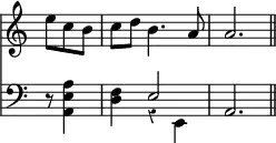 { \override Score.TimeSignature #'stencil = ##f \override Score.Rest #'style = #'classical \time 3/4 \key a \minor \partial 4. << \relative e'' { e8 c b c d b4. a8 a2. \bar "||" } \new Staff { \clef bass \relative a { r8 <a e a,>4 <f d> << { e2 } \\ { r4 e, } >> a2. } } >> }
