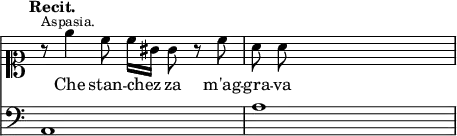 { << \new Staff \relative e'' { \clef soprano \tempo "Recit." \override Score.TimeSignature #'stencil = ##f \time 4/4 \autoBeamOff
  r8^\markup \small "Aspasia." e4 c8 c16[ gis] gis8 r c | a a s2. }
\addlyrics { Che stan -- chez -- za m'ag -- gra -- va }
\new Staff { \clef bass a,1 _~ a } >> }