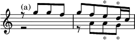 { \override Score.TimeSignature #'stencil = ##f \time 2/4 \relative g'' << { r8^"(a)" g[ g f] g[ f e^"*" d16^"*" c] } \\ { r2 r8 a[ a_"*" g_"*"] } >> }