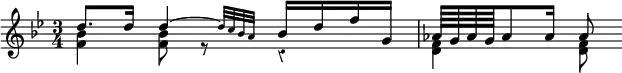 { \override Score.Rest #'style = #'classical \time 3/4 \key bes \major \relative d'' { << { d8. d16 \afterGrace d4 ~ { d32[ c bes a] } bes16 d f g, | aes64 g aes g aes8 aes16 aes8 } \\ { <bes f>4 q8 r r4 | <f d>4 q8 } >> } }