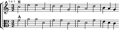 \new ChoirStaff <<
\new Staff \relative c'' { \key c \major \time 3/2 \partial 2 \mark \markup \tiny { ( \italic a ) }
c2^\markup \bold "S" | e e a, | d d g, | c a d | b4 a g }
\new Staff \relative g' { \clef alto \key c \major
g2^\markup \bold "A" | a a d, | g g c, | f d g | e4 d c } >>