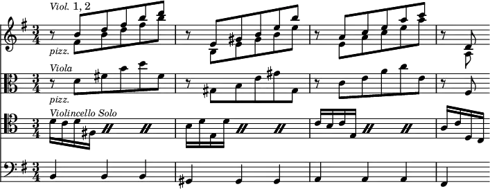 { \time 3/4 \key g \major << \relative b' { r8^\markup { \smaller \italic Viol. 1, 2 } -\markup { \smaller \italic pizz. } << { b d fis b d } \\ { fis,, b d fis b } >> | r8 << { e,, gis b e b' } \\ { b,, e gis b e } >> | r8 << { a, c e a c } \\ { e,, a c e a } >> | r8 << { d,, } \\ { a } >> }
\new Staff { \clef alto \relative d' { r8^\markup { \smaller \italic Viola } -\markup { \smaller \italic pizz. } d fis b d fis, | r gis, b e gis gis, | r c e a c e, | r f, } }
\new Staff { \clef tenor \relative d' { \repeat percent 3 { d16^\markup { \smaller \italic "Violincello Solo" } c d fis, } | \repeat percent 3 { b16 d e, d' } | \repeat percent 3 { c16 b c e, } | a16 c d, c } }
\new Staff { \clef bass \key g \major \relative b, { b4 b b | gis gis gis | a a a | fis } } >> }