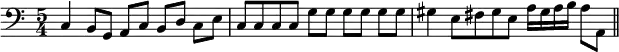 { \clef bass \time 5/4 \relative c { c4 b8[ g] a[ c] b[ d] c[ e] | c[ c c c] g'[ g] g[ g] g[ g] | gis4 e8[ fis gis e] a16[ gis a b] a8 a,] \bar "||" } }