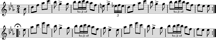 { \time 2/4 \key ees \major \partial 8 \relative b' { \repeat volta 2 { bes8 | d f aes c | bes g4-> g8 | bes8[ \times 2/3 { bes16 c bes] } aes8[ f] | e8 g4-> \times 2/3 { ees16 f ees } | d8 f aes c | bes g4-> g8 | bes8[ \times 2/3 { bes16 c bes] } aes8[ f] | f ees ees \mark \markup { \musicglyph #"scripts.ufermata" } } \repeat volta 2 { ees | aes c ees c | bes g4-> g8 | bes8[ \times 2/3 { bes16 c bes] } aes8[ f] | g ees4-> ees8 | aes c ees c | bes g4-> g8 | bes8[ \times 2/3 { bes16 c bes] } aes8[ f] | f ees ees } } }