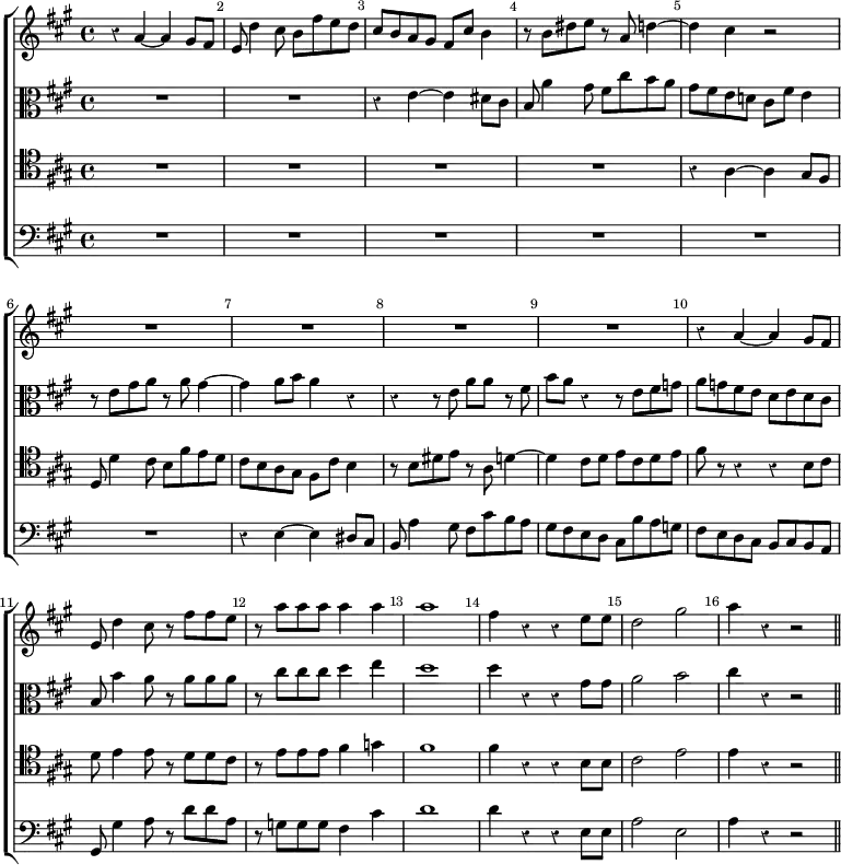 \new ChoirStaff << \override Score.Rest #'style = #'classical \override Score.BarNumber.break-visibility = ##(#f #t #t) \set Score.barNumberVisibility = #all-bar-numbers-visible
  \new Staff \relative a' { \time 4/4 \key a \major \bar ""
    r4 a ~ a gis8 fis | e8 d'4 cis8 b fis' e d | cis b a gis fis cis' b4
    r8 b dis e r a, d4 ~ | d cis r2 | R1*4 | r4 a ~ a gis8 fis |
    e d'4 cis8 r fis fis e | r a a a a4 a | a1 | fis4 r r e8 e |
    d2 gis | a4 r r2 \bar "||" }
  \new Staff \relative e' { \clef alto \key a \major
    R1*2 r4 e ~ e dis8 cis | b a'4 gis8 fis cis' b a |
    gis fis e d! cis fis e4 | r8 e gis a r a gis4 ~ |
    gis a8 b a4 r | r r8 e a a r fis | b a r4 r8 e fis g |
    a g fis e d e d cis | b b'4 a8 r a a a | r cis cis cis d4 e |
    d1 | d4 r r gis,8 gis | a2 b | cis4 r r2 }
  \new Staff \relative a { \clef tenor \key a \major
    R1*4 r4 a ~ a gis8 fis | d d'4 cis8 b fis' e d |
    cis b a gis fis cis' b4 | r8 b dis e r a, d4 ~ |
    d cis8 d e cis d e | fis r r4 r b,8 cis | d8 e4 e8 r d d cis |
    r e e e fis4 g | fis1 fis4 r r b,8 b | cis2 e | e4 r r2 }
  \new Staff \relative e { \clef bass \key a \major
    R1*6 r4 e ~ e dis8 cis | b a'4 gis8 fis cis' b a |
    gis fis e d cis b' a g | fis e d cis b cis b a |
    gis gis'4 a8 r d d a | r g g g fis4 cis' |
    d1 d4 r r e,8 e | a2 e | a4 r r2 } >>