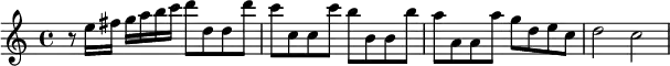 { \time 4/4 \relative e'' { r8 e16 fis g a b c d8 d, d d' |
  c c, c c' b b, b b' | a a, a a' g d e c | d2 c } }