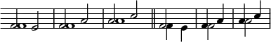{
 \override Score.Clef #'stencil = ##f
 \override Score.TimeSignature #'stencil = ##f
 <<
  \relative f' {
   f2 e f a a c \bar "||" \time 2/4 f, \stemDown f a
  }
  \\
  \relative c' {
   f1 f a \bar "||" \time 2/4 f4 e \stemUp f a a c
  }
 >>
}