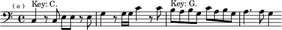 \relative c { \clef bass \key c \major \time 4/4 \mark \markup \tiny { ( \italic a ) } c4^"Key: C." r8 c e e r e | g4 r8 g16 g c4 r8 c | b^"Key: G." a b g c a b g | a4. a8 g4 }