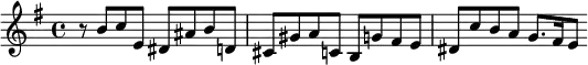 { \relative b' { \key e \minor \time 4/4
 r8 b c e, dis ais' b d, | cis gis' a c, b g' fis e |
 dis c' b a g8.[ fis16 e8] } }