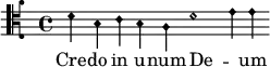 \new Staff {
\override Staff.StaffSymbol.line-count = #4
\set Staff.clefGlyph = #"clefs.varC"
\set Staff.clefPosition = #1
\set Staff.middleCPosition = #1
\relative d' { \cadenzaOn \override NoteHead.style = #'neomensural \stemDown
d4 b c b a d1 e4 e } }
\addlyrics { Cre -- do in u -- num De -- _ um }