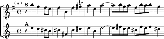  \new ChoirStaff << \override Score.Rest #'style = #'classical
  \new Staff \relative b'' { \key e \minor \time 4/4 \mark \markup \tiny { ( \italic a ) }
    r4^\markup \bold "S" b g fis8 e | fis4 b, fis' gis\trill |
    a e a2 ~ | a8 b g a fis b a b | g4 }
  \new Staff \relative e'' {
    r4^\markup \bold "A" e d cis8 b | cis4 fis, cis' dis |
    e b e2 ~ | e8 fis d e cis fis e fis | dis4 } >>