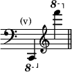 { \override Score.TimeSignature #'stencil = ##f \time 2/4 \tempo \markup { \smaller \medium "(v)" } \ottava #-1 \clef bass c,, \ottava #1 \clef treble f'''' \bar "||" }