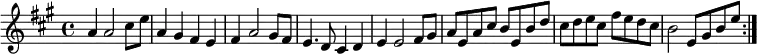 { \time 4/4 \key a \major \relative a' { \repeat volta 2 { a4 a2 cis8 e a,4 gis fis e fis a2 gis8 fis | e4. d8 cis4 d e e2 fis8 gis | a e a cis b e, b' d | cis d e cis fis e d cis | b2 e,8 gis b e } } }