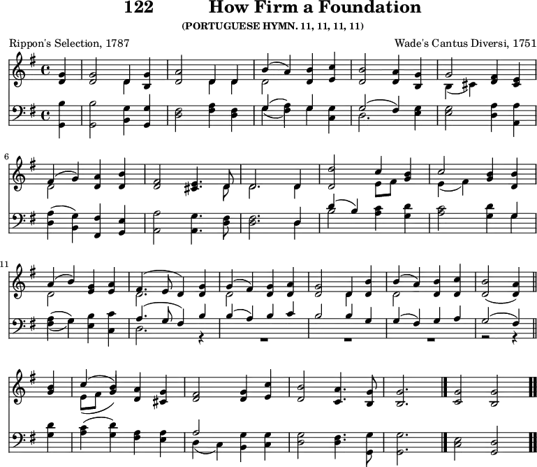 \version "2.16.2" 
\header { tagline = ##f title = \markup { "122" "          " "How Firm a Foundation" } subsubtitle = "(PORTUGUESE HYMN. 11, 11, 11, 11)" composer = "Wade's Cantus Diversi, 1751" poet = "Rippon's Selection, 1787" }
\score { << << \new Staff { \key g \major \time 4/4 \partial 4 \relative g' {
  <g d>4 | q2 << { d4 } \\ { d } >> <g b,> |
  <d a'>2 << { d4 d } \\ { d d } >> |
  << { b'4( a) } \\ { d,2 } >> <d b'>4 <e c'> |
  <d b'>2 <d a'>4 <b g'> |
  << { g'2 } \\ { b,4( cis) } >> <d fis> <e cis> | \break
  << { fis( g) } \\ { d2 } >> <d a'>4 <d b'> |
  <fis d>2 <e cis>4. << { d8 d2. d4 } \\ { d8 d2. d4 } >>
  <d d'>2 << { c'4 <b g> c2 } \\ { e,8[ fis] s4 e( fis) } >> <g b>4 <d b'> | \break
  << { a'4( b) } \\ { d,2 } >> <g e>4 <a e> |
  << { fis4.( e8 d4) } \\ { d2. } >> |
  <g d>4 | << { g4( fis) } \\ { d2 } >> <g d>4 <a d,> |
  <g d>2 << { d4 } \\ { d } >> <d b'> |
  << { b'4( a) } \\ { d,2 } >> <d b'>4 <d c'> |
  <d b'>2( <d a'>4) \bar"||" \break 
  <g b> |
  << { c( b) } \\ { e,8([ fis] \stemUp g4) } >> <a d,> <g cis,> |
  <fis d>2 <g d>4 <c e,>
  <b d,>2 <a c,>4. <g b,>8 | q2. \bar "|."
  \cadenzaOn <g c,>2 <g b,> \bar ".." } }
\new Staff { \clef bass \key g \major \relative g, {
  <g b'>4 
  q2 <b g'>4 <g g'> |
  <d' fis>2 <fis a>4 <d fis> |
  << { g( \stemDown a) \stemUp g } \\ { g( fis) g } >> <g c,> |
  << { g2( fis4) } \\ { d2. } >> <e g>4 |
  q2 <d a'>4 <a a'> |
  <d a'>( <b g'>) <fis fis'> <g e'> |
  <a a'>2 <a g'>4. <d fis>8 | q2. << { d4 } \\ { d4 } >> |
  << { d'4( b) } \\ { b2 } >> <a c>4 <g d'> |
  <a c>2 <g d'>4 << { g4 } \\ { g4 } >> | % end of line 2
  << { \stemDown a4( g) } \\ { fis4( g) } >> <e b'> <c c'> |
  << { a'4.( g8 fis4) } \\ { d2. } >>
  << { b'4 | b( a) b c | b2 b4 g | g( fis) g a g2( fis4) } \\
     { r | R1*3 | r2 r4 } >> % end of line 3
  <g d'> |
  <a c>( <g d'>) <fis a> <e a> |
  << { a2 } \\ { d,4( c) } >> <b g'> <c g'> |
  <d g>2 <d fis>4. \stemDown <g, g'>8 | q2. |
  \stemNeutral <c e>2 <g d'> } } >> >>
\layout { indent = #0 }
\midi { \tempo 4 = 96 } }
