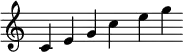 { \new Staff \with { \omit Score.TimeSignature \omit Score.BarLine } \relative  { c' e g c e g} }
