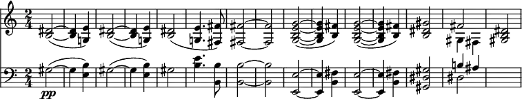 { \time 2/4 << \relative d' { \repeat unfold 2 { <dis b>2( ~ | q4 <e g,!>) | } <dis b>2( | <e g,!>4. <fis fis,>8) | q2 ~ | q2 | \repeat unfold 2 { <g e b g>2( ~ | q4 <fis b,>) | } <gis dis b>2 | << { fis2 } \\ { gis,4 fis } >> | <dis' b gis>2 | }
\new Staff { \clef bass \relative g { gis2\pp( ~ | gis4 <b e,>) gis2( ~ | gis4 <b e,>) | gis2( | <b e>4. <b b,>8 | q2 ~ | q2 | \repeat unfold 2 { <e, e,>2( ~ | q4 <fis b,> | } <gis dis gis,>2 | << { b!4 ais } \\ { dis,2 } >> | s2 | } }
>> }