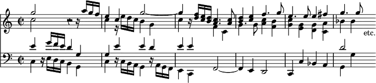 << \override Score.Rest #'style = #'classical \new Staff { \time 2/2 << \new Voice \relative g'' { \stemUp g2 r4 r16 a g f | e4 c g'2 ~ g4 r16 <f d> <e c> <d b> <c a>4. q8 | <d b>4 <e c> f4. g8 | e4. e8 e4 fis | g4. g8 s_"etc." }
\new Voice \relative c'' { \stemDown c2 r | c4 r16 e d c b4 g | c s f, c | g'4. g8 <a c>4 <f b> | <g c> <g e> <g d> <a c,> | bes bes } >> }
\new Staff { \clef bass << \new Voice \relative e' { \stemUp e4 r16 g f e d4 g, | g e' e d | e e s2 s1 s d2 s8 }
\new Voice \relative c { \stemDown c4 r16 e d c b4 g | c r16 c b a g4 r16 a g f | e4 c \stemNeutral f2 ~ f4 e d2 | c4 c' bes a | \stemDown g g' } >> } >>