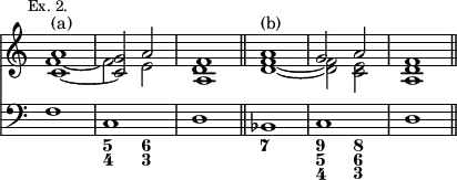 { << \new Staff << \mark \markup \small "Ex. 2." \override Score.TimeSignature #'stencil = ##f
 \new Voice \relative a' { \stemUp
  <a c,>1^"(a)" _~ <g c,>2 a | <f a,>1 \bar "||"
  a1^"(b)" g2 a | f1 \bar "||" }
 \new Voice \relative f' { \stemDown
  f1 _~ f2 e d1 | <f d>1 _~ q2 <e c> <d a>1 } >>
\new Staff { \clef bass
  f1 c d | bes, c d }
\figures { s1 <5 4>2 <6 3> s1 | <7> <9 5 4>2 <8 6 3> } >> }