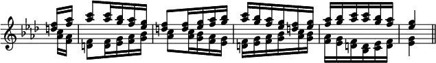 { \override Score.TimeSignature #'stencil = ##f \time 3/8 \key aes \major \partial 8 \relative d'' << { <d f>16 <f aes> | <aes c>8 <aes c>16 <g bes> <f aes> <ees g> | <d f>8 <d f>16 <ees g> <f aes> <g bes> | <aes c> <g bes> <f aes> <ees g> <d f> <ees g> | <f aes> <g bes> <aes c> <aes c> <g bes> <f aes> | <ees g>4 \bar "||" } \\ { <c aes>16 <aes f> | <f d>8 <d f>16 <ees g> <f aes> <g bes> | <aes c>8 <aes c>16 <bes g> <aes f> <g ees> | <f d> <g ees> <aes f> <bes g> <c aes> <bes g> | <aes f> <g ees> <f d> <d bes> <ees c> <f d> | <g ees>4 } >> }