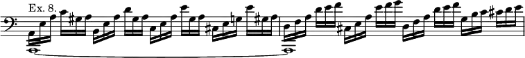{ \clef bass \override Score.TimeSignature #'stencil = ##f \time 4/4 \relative a, << { \stemNeutral \override TupletNumber #'stencil = ##f \override TupletBracket #'bracket-visibility = ##f \times 2/3 { a16^"Ex. 8."[ e' a] } \times 2/3 { c[ gis a] } \times 2/3 { b,[ e a] } \times 2/3 { d[ gis, a] } \times 2/3 { c,[ e a] } \times 2/3 { e'[ gis, a] } \times 2/3 { cis,[ e g] } \times 2/3 { e'[ gis, a] } | \times 2/3 { d,[ f a] } \times 2/3 { d[ e f] } \times 2/3 { cis,[ e a] } \times 2/3 { e'[ f g] } \times 2/3 { d,[ f a] } \times 2/3 { d[ e f] } \times 2/3 { g,[ b c] } \times 2/3 { cis[ d e] } | } \\ { a,,,1 ~ a ~ } >> }