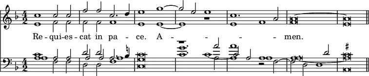 { << \new Staff { \time 4/2 \key f \major << 
\new Voice \relative c'' { \stemUp c1 c2 c | f f c2. d4 | e1 g ^~
  g2 e e1 | c1. a2 | a\breve ^~ a \bar "||" }
\new Voice = "Alt" \relative e' { \stemDown e1 f2 f | f f f1 | e e ~
  e r e f f\breve e } >> }
\new Lyrics \lyricsto "Alt" { Re -- qui -- es -- cat in pa -- ce. A -- _ _ men. }
\new Staff { \clef bass \key f \major <<
\new Voice \relative c' { \set suggestAccidentals = ##t \stemUp
  c1 a2 a | d d a2. b!4 | c\breve
  g'1. a2 | a1 a, | a1. d2 | cis\breve }
\new Voice { \stemUp a1 s | a2 a a1 | g\breve
  r1 c' ~ | c'2 a a1 | a\breve _~ a }
\new Voice { \stemDown a1 f2 f | d d f1 | c\breve
  c'1. a2 | a1 r2 f ~ | f d d1 | a,\breve } >> }
>> }