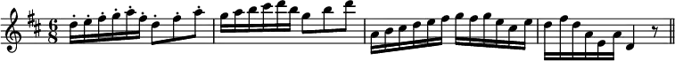 { \time 6/8 \key d \major \relative d'' { d16-. e-. fis-. g-. a-. fis-. d8-. fis-. a-. | g16 a b cis d b g8 b d | a,16 b cis d e fis g fis g e cis e | d fis d a e a d,4 r8 \bar "||" } }
