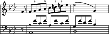 { \time 4/4 \override Score.TimeSignature #'stencil = ##f << \new Staff { \key f \minor \partial 8 \relative f' { f8 | f g^"*" aes bes^"*" c d^"*" e^"*" f | f2( g,4) s } }
\new Staff { \clef bass \key f \minor \relative f' { r8 << { r f c f aes, f' c f | g, f' des f bes,4 } \\ { aes,1 bes } >> } } >> }