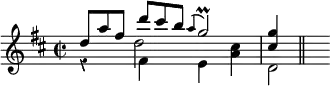 { \override Score.Rest #'style = #'classical \time 2/2 \key d \major \relative d'' { << { d8*2/3[ a' fis] d' cis b \appoggiatura a4 g2\prall | <g cis,>4 \bar "||" } \\ { r4 fis, e <a cis> | d,2 } \\ { } \\ { r4 d'2 } >> } }