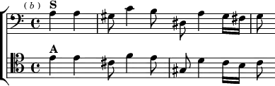 \layout {
\context { \Score \remove "Timing_translator" \remove "Default_bar_line_engraver" }
\context { \Staff \consists "Timing_translator" \consists "Default_bar_line_engraver" } }
\header { tagline = ##f }
\score { \new ChoirStaff <<
\new Staff \relative a { \clef bass \key a \minor \time 4/4 \partial 2 \mark \markup \tiny { ( \italic b ) }
a4^\markup \bold "S" a | gis8 c4 b8 dis, a'4 gis16 fis | g8 }
\new Staff \relative e' { \clef tenor \key a \minor
e4^\markup \bold "A" e cis8 f4 e8 gis,8 d'4 c16 b c8 } >> }