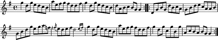\relative g'' { \key g \major \time 4/4 \override Score.BarNumber #'break-visibility = #'#(#f #f #f)
\repeat volta 2 { g4 d8 g e d c b | a' e fis g fis d d fis |
  g4 d8 g e d c b | d a b c b g g4 }
\repeat volta 2 { d8 g b g d' b c a | g b d e c a a b |
  g b d g e g a f | \acciaccatura f e d e f \afterGrace d2 { e16([ f]) }
  g4 d8 g e d c b | a' e fis g fis d d fis |
  g4 d8 g c, g' b, g' | a, c b a b g g4 } }