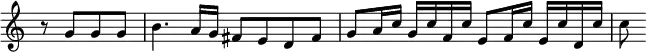 \relative g' { \key c \major \time 4/4 \partial 2 \override Score.TimeSignature #'stencil = ##f
r8 g g g | b4. a16 g fis8 e d fis | g a16 c g c f, c' e,8 f16 c' e, c' d, c' | c8 }